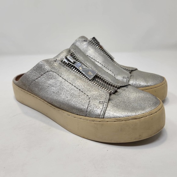 Frye Womens Lena Zip Mule Slip On Sneakers 6M Metallic Silver Leather Platform - Picture 1 of 10